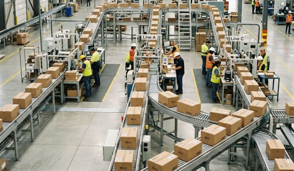 material handling automation workflow with conveyor system moving packages