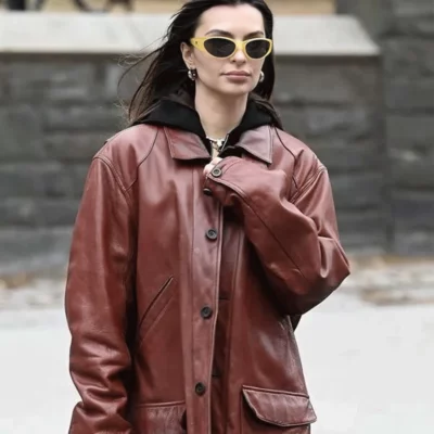 Emily Ratajkowski NYC 2025 brown jacket stylish celebrity leather jacket street style outfit