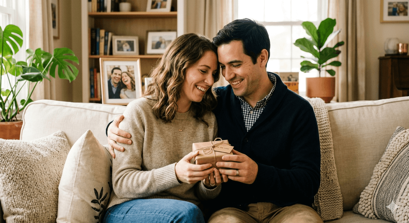 Happy couple shares gift on cozy sofa