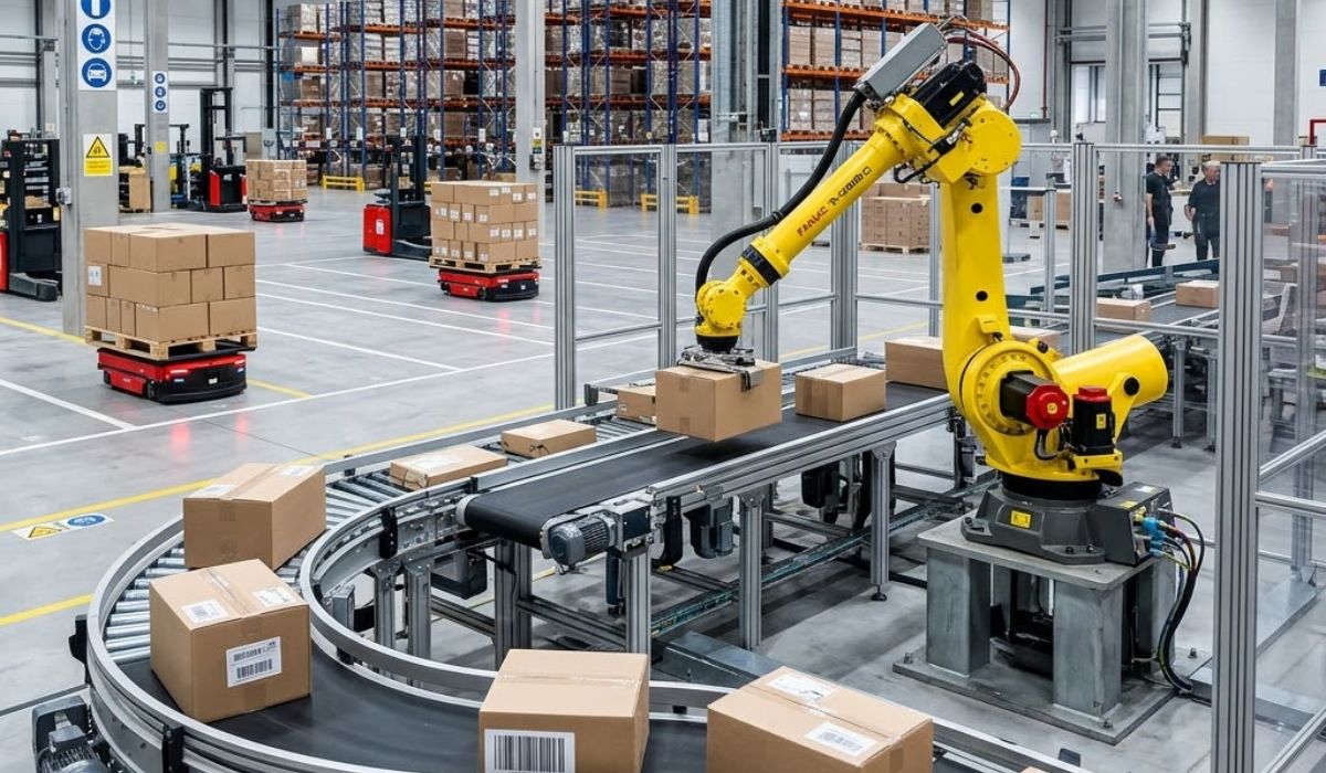 material handling automation system with conveyor robots and automated movement